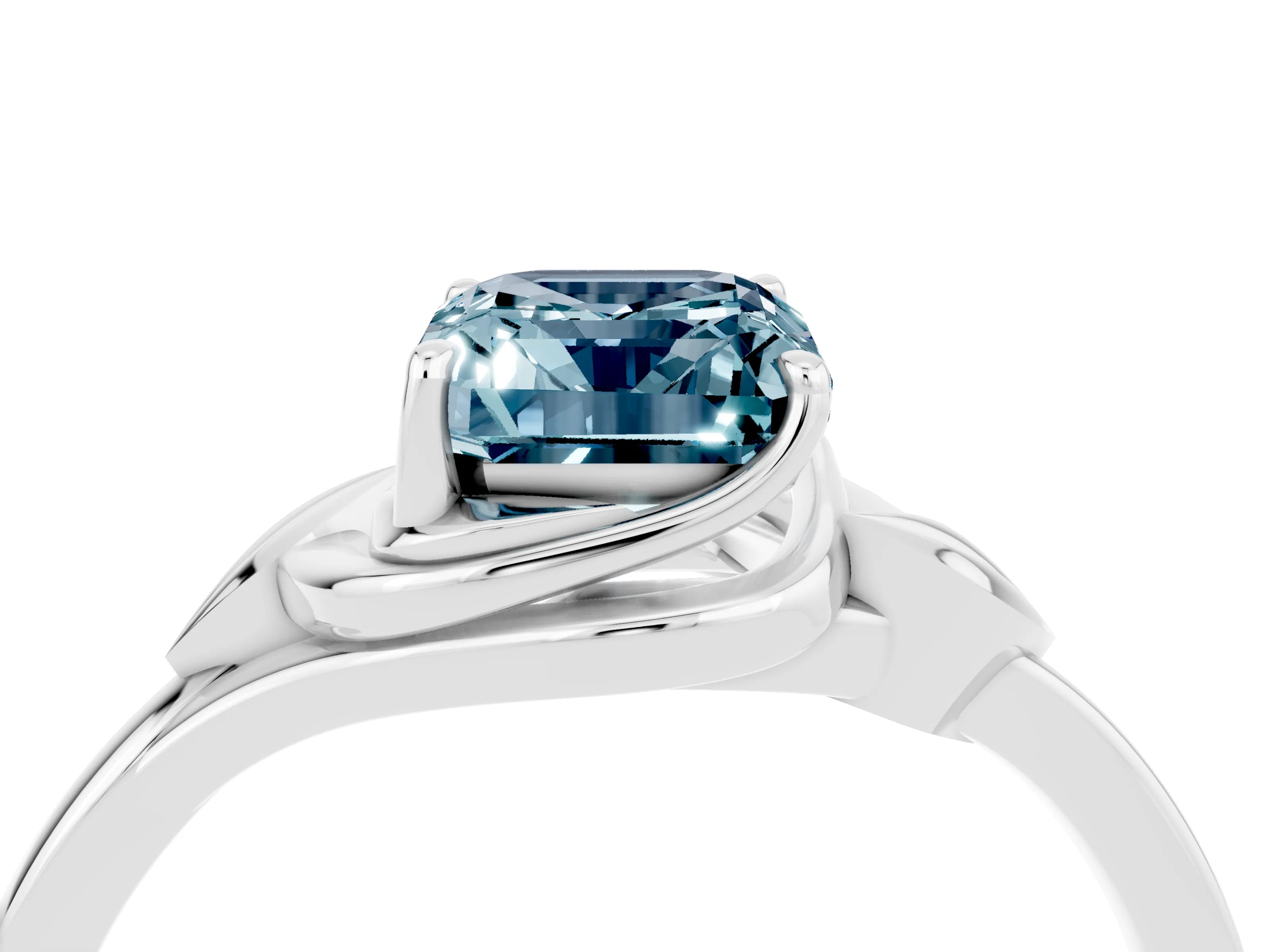 White gold Emerald Cut Aquamarine Solitaire Ring with Twist Band and Four-Prong Setting_16