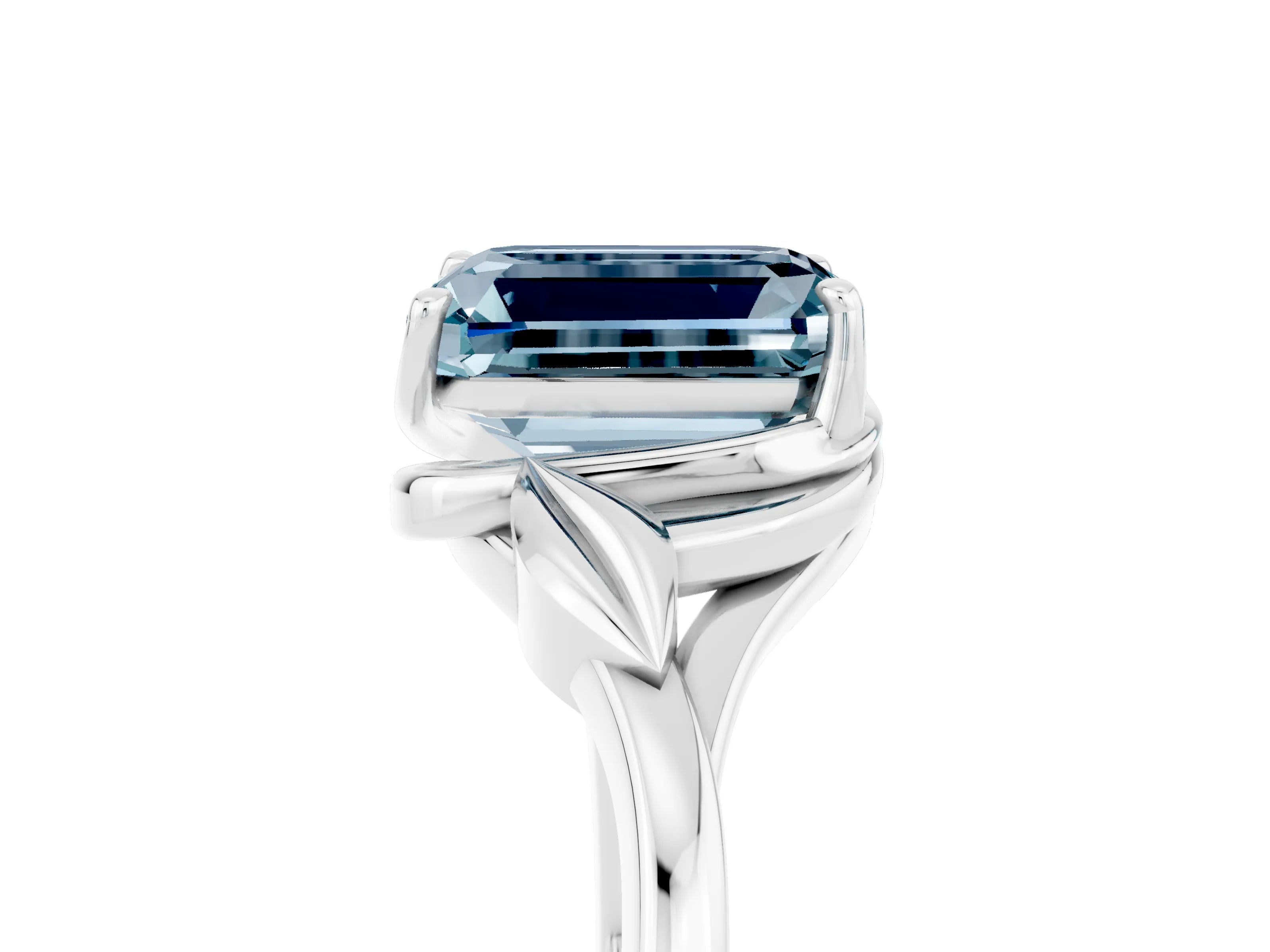 White gold Emerald Cut Aquamarine Solitaire Ring with Twist Band and Four-Prong Setting_17