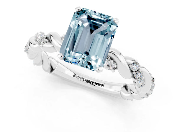 Platinum Emerald Cut Aquamarine Solitaire Ring with Twisted Band and Pavé Accents