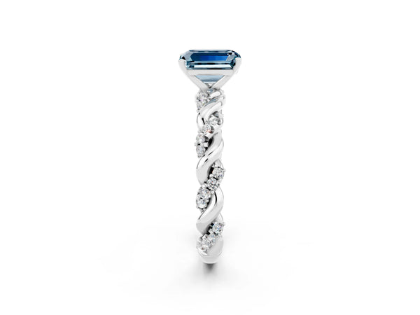 Platinum Emerald Cut Aquamarine Solitaire Ring with Twisted Band and Pavé Accents