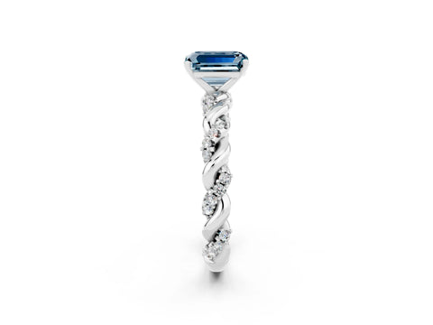 White gold Emerald Cut Aquamarine Solitaire Ring with Twisted Band and Pavé Accents_2