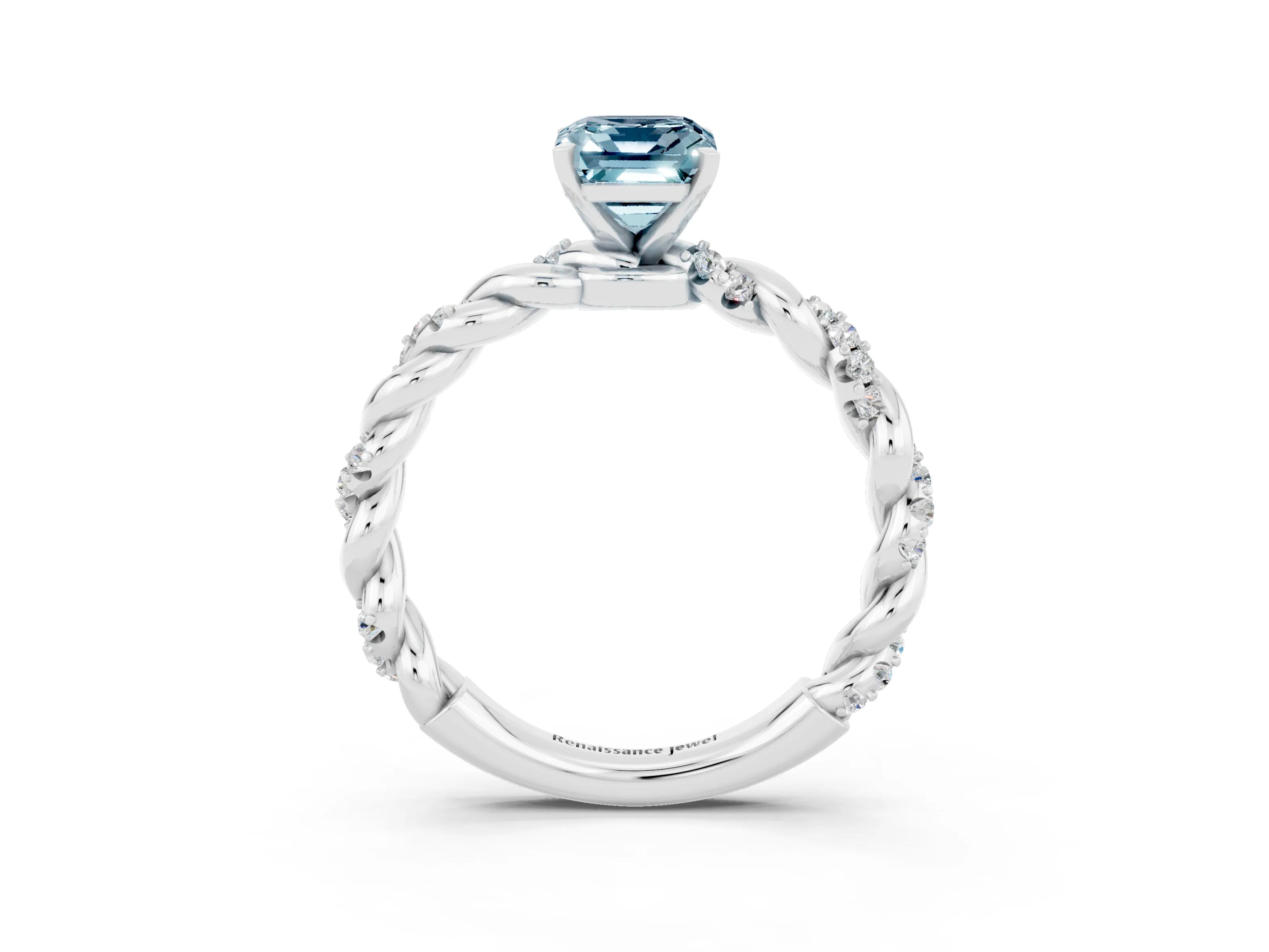 White gold Emerald Cut Aquamarine Solitaire Ring with Twisted Band and Pavé Accents_3