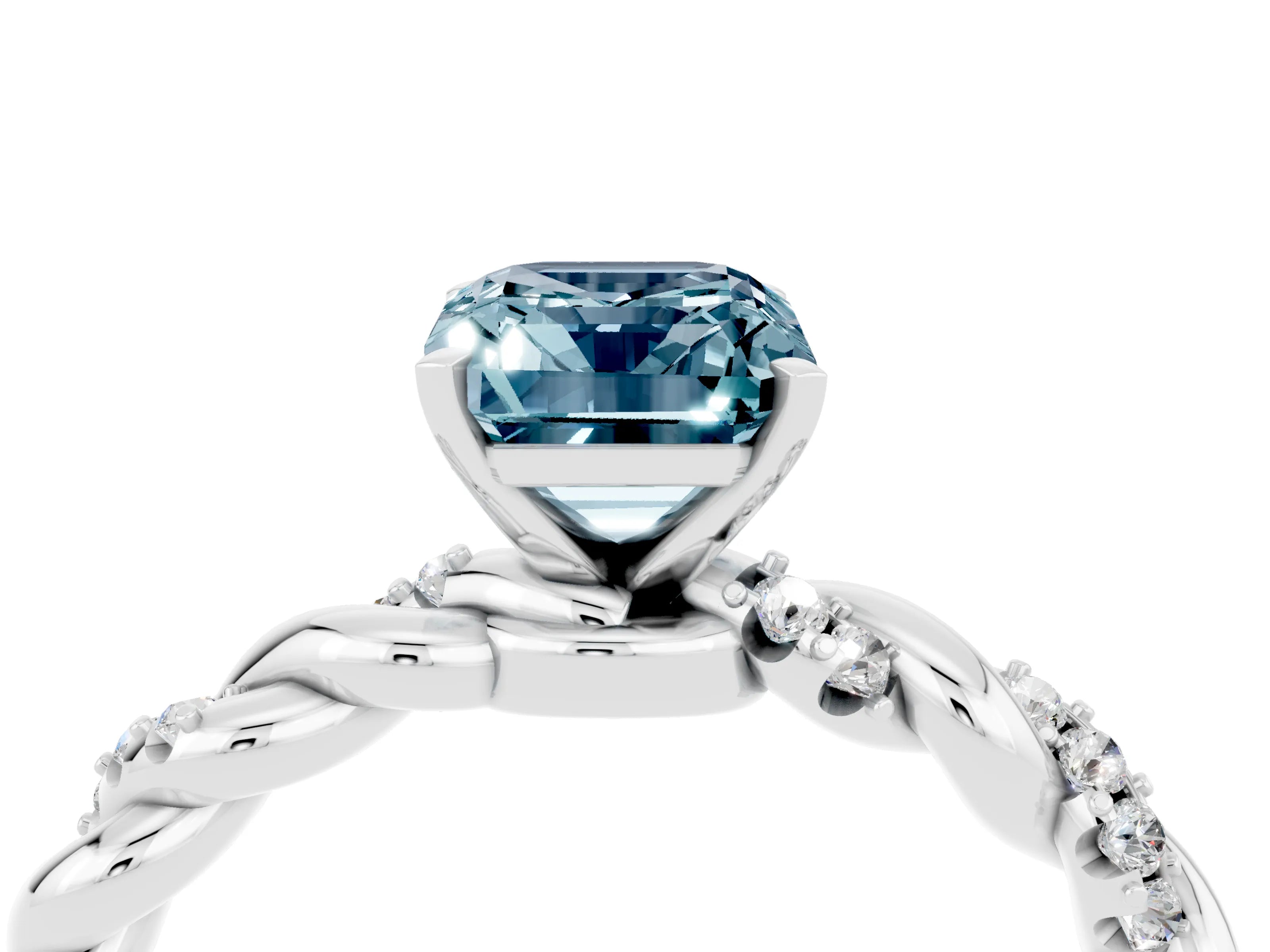 White gold Emerald Cut Aquamarine Solitaire Ring with Twisted Band and Pavé Accents_4