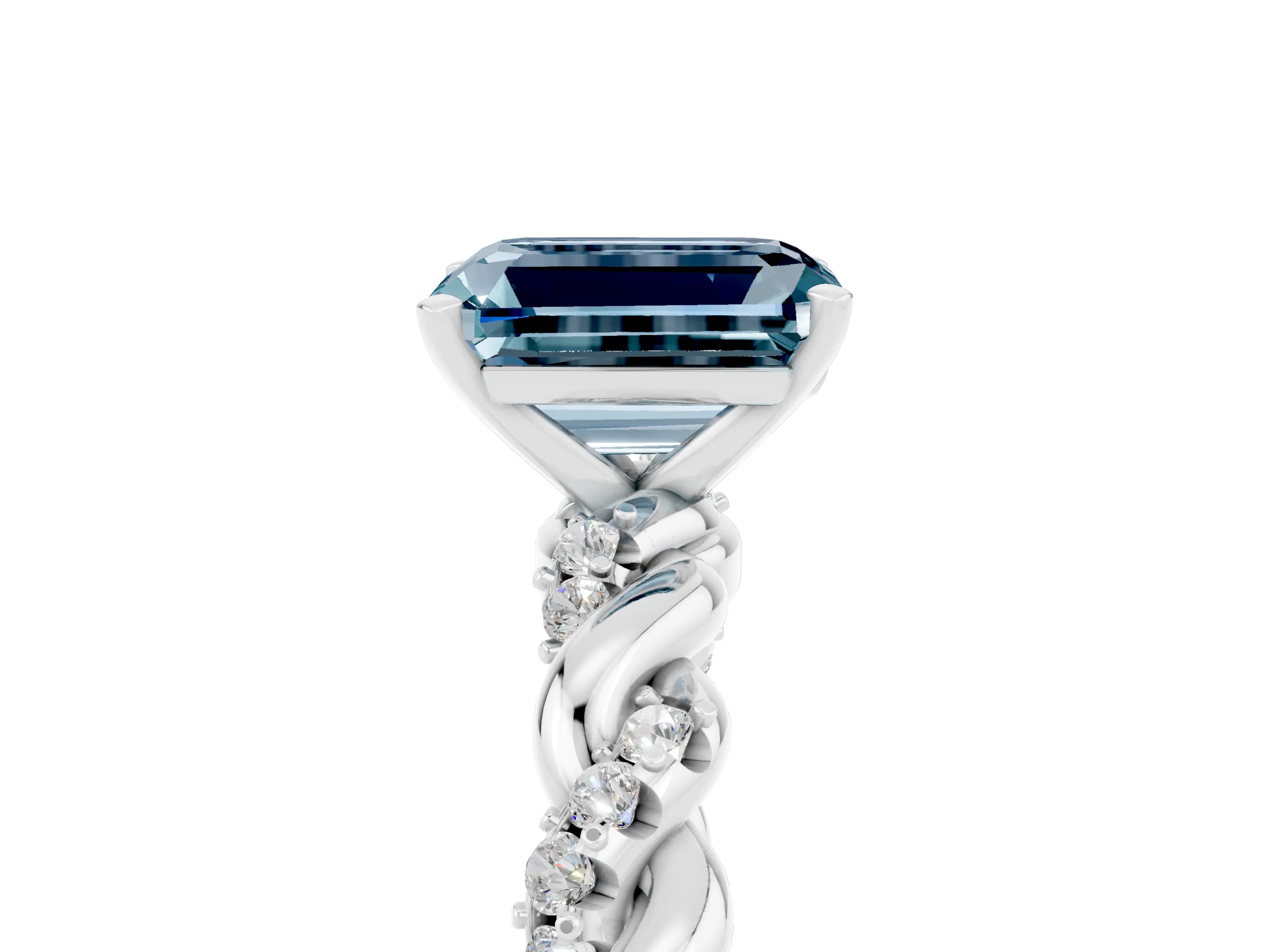 White gold Emerald Cut Aquamarine Solitaire Ring with Twisted Band and Pavé Accents_5