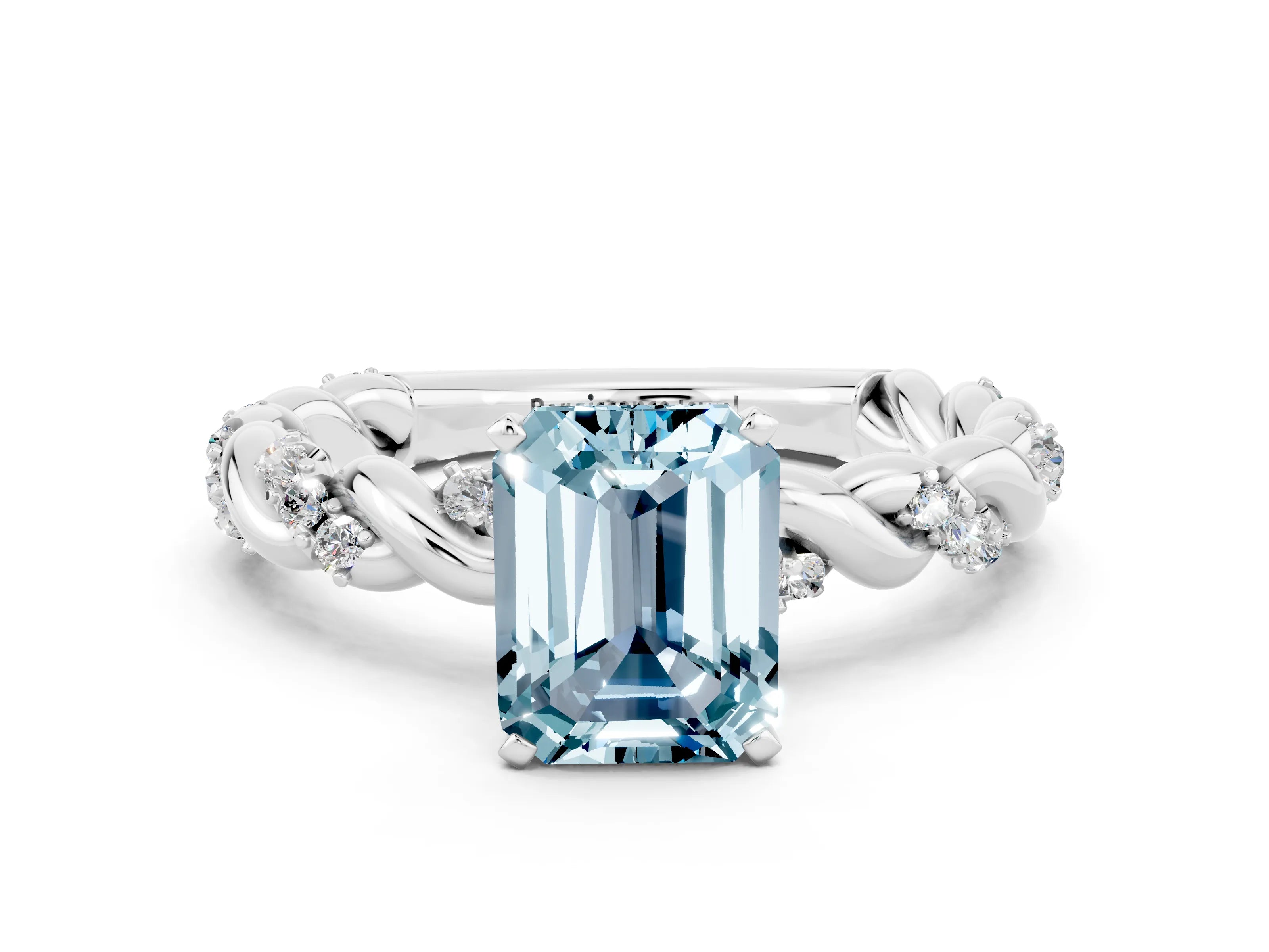 White gold Emerald Cut Aquamarine Solitaire Ring with Twisted Band and Pavé Accents