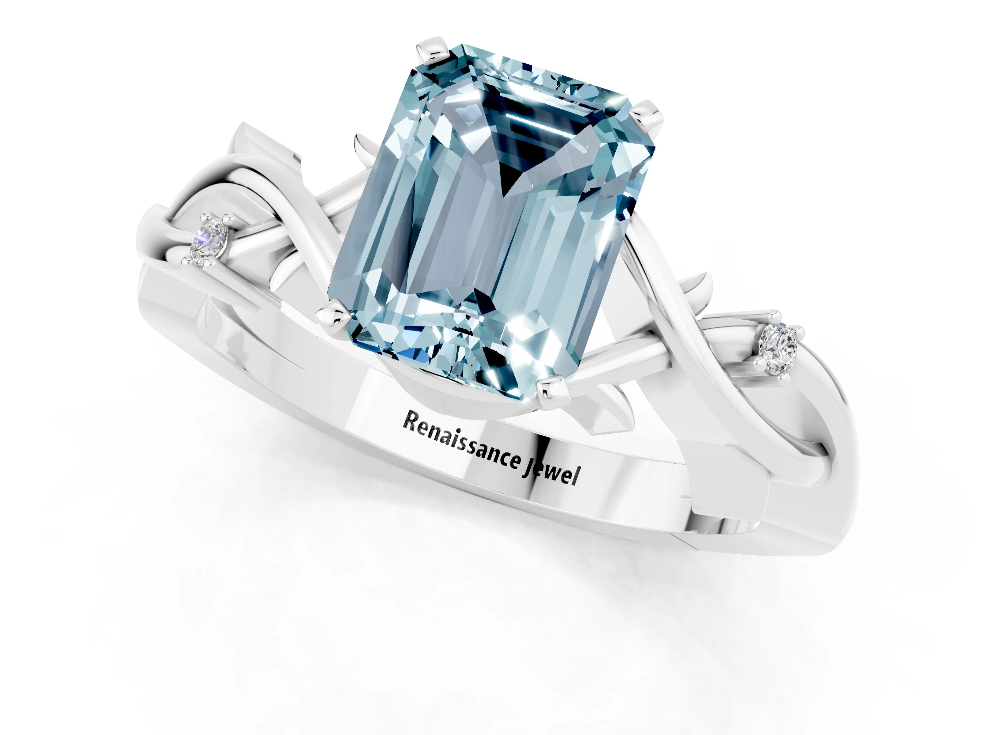 White gold Emerald Cut Aquamarine Solitaire Ring with Twisted Band and Prong Setting_1