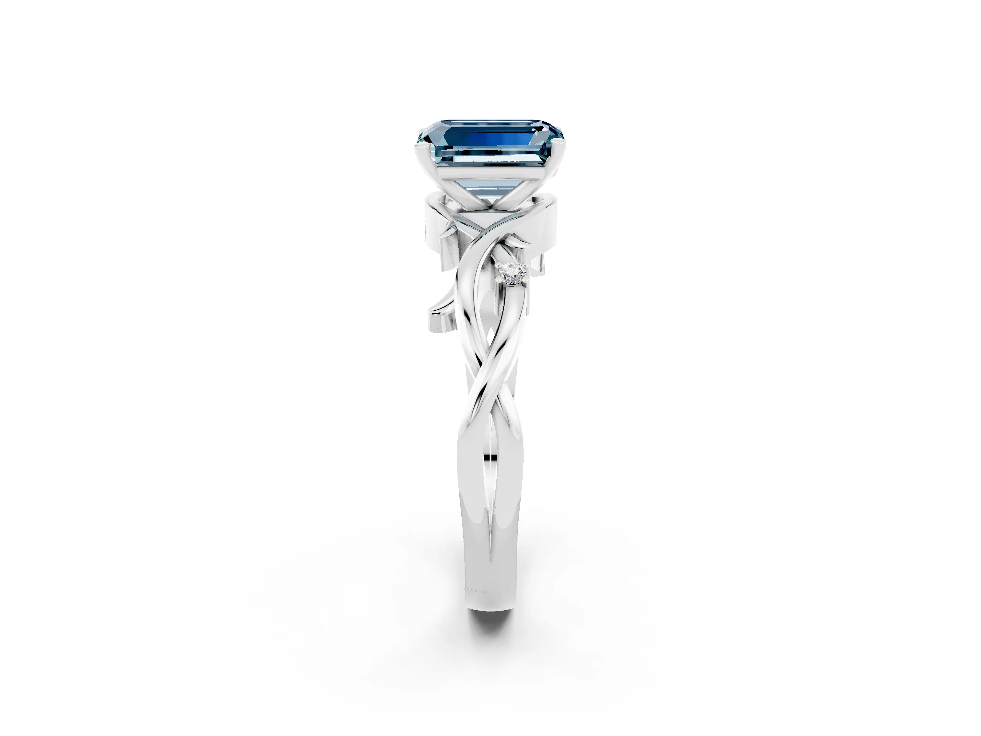 White gold Emerald Cut Aquamarine Solitaire Ring with Twisted Band and Prong Setting_2