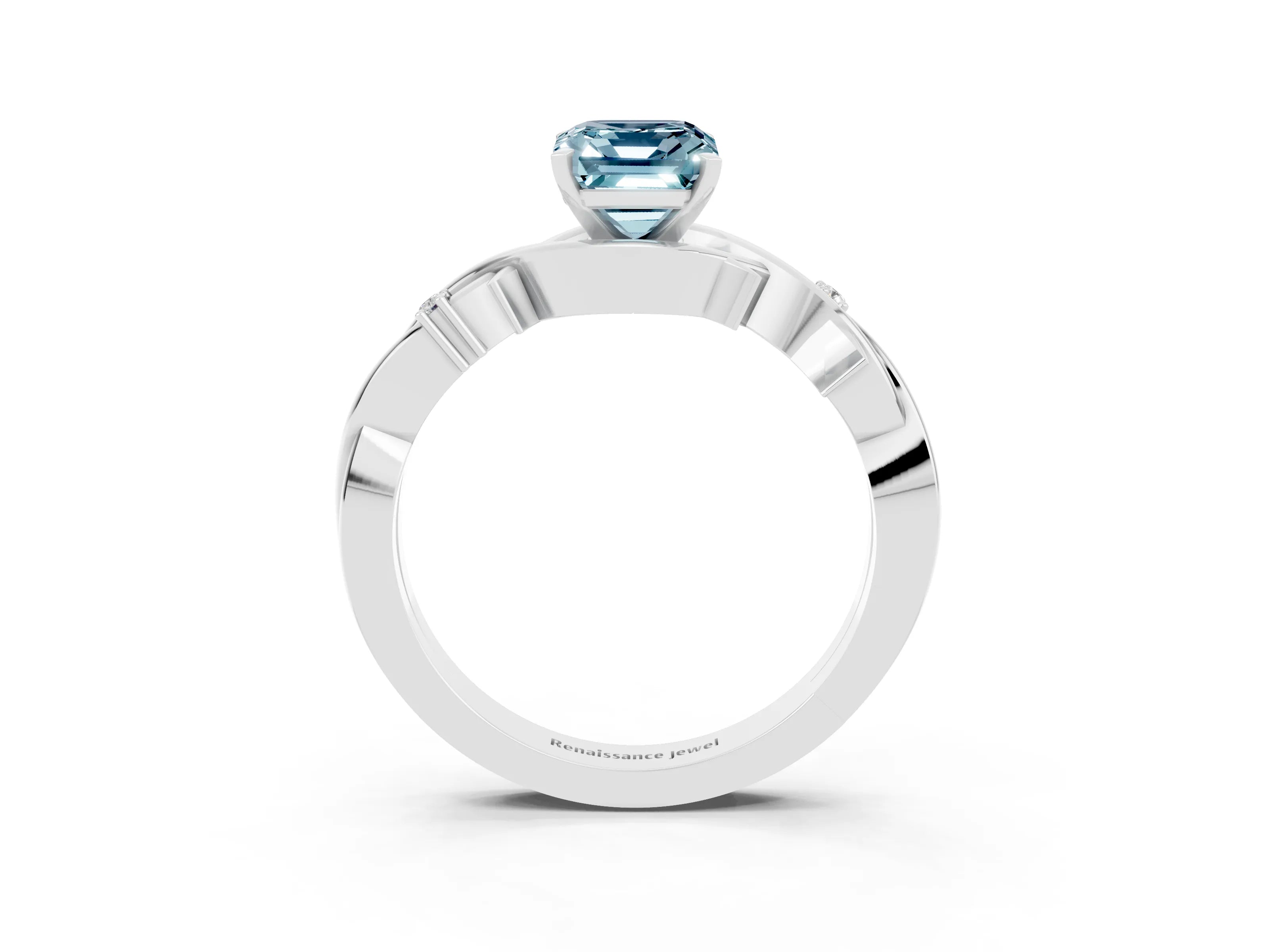White gold Emerald Cut Aquamarine Solitaire Ring with Twisted Band and Prong Setting_3