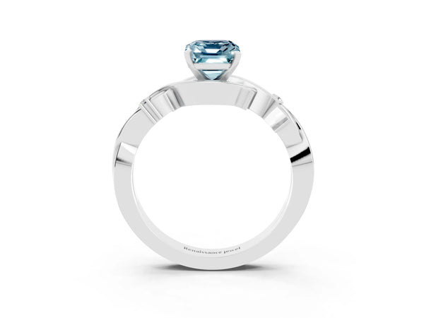 Silver Emerald Cut Aquamarine Solitaire Ring with Twisted Band and Prong Setting