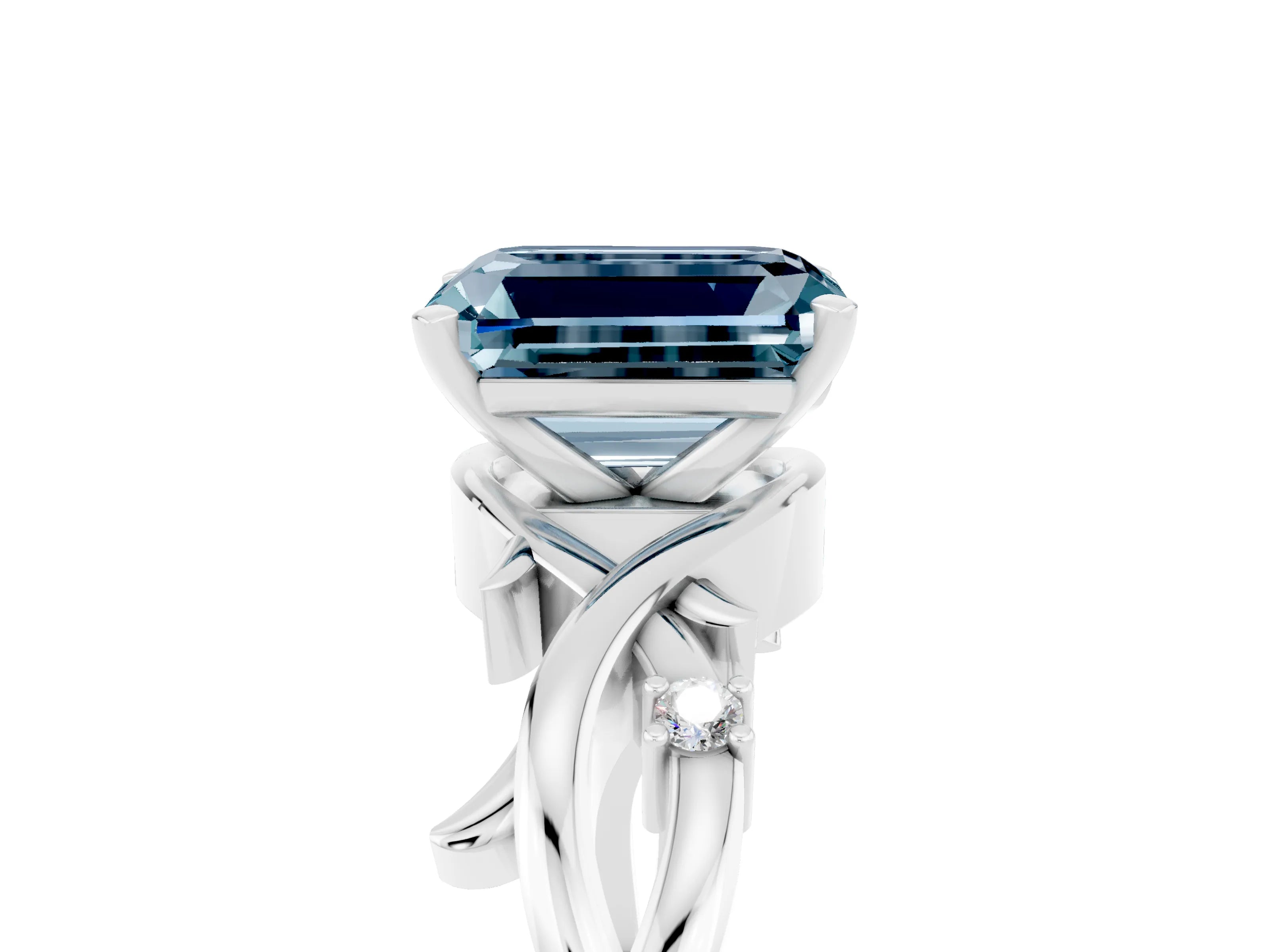 White gold Emerald Cut Aquamarine Solitaire Ring with Twisted Band and Prong Setting_5