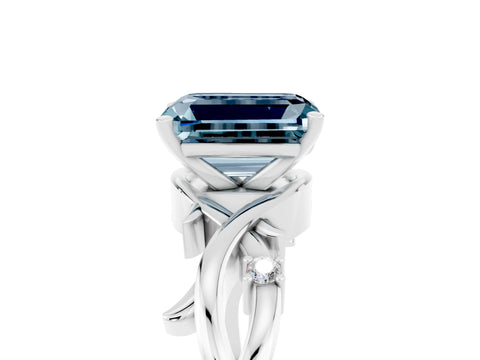 White gold Emerald Cut Aquamarine Solitaire Ring with Twisted Band and Prong Setting_5