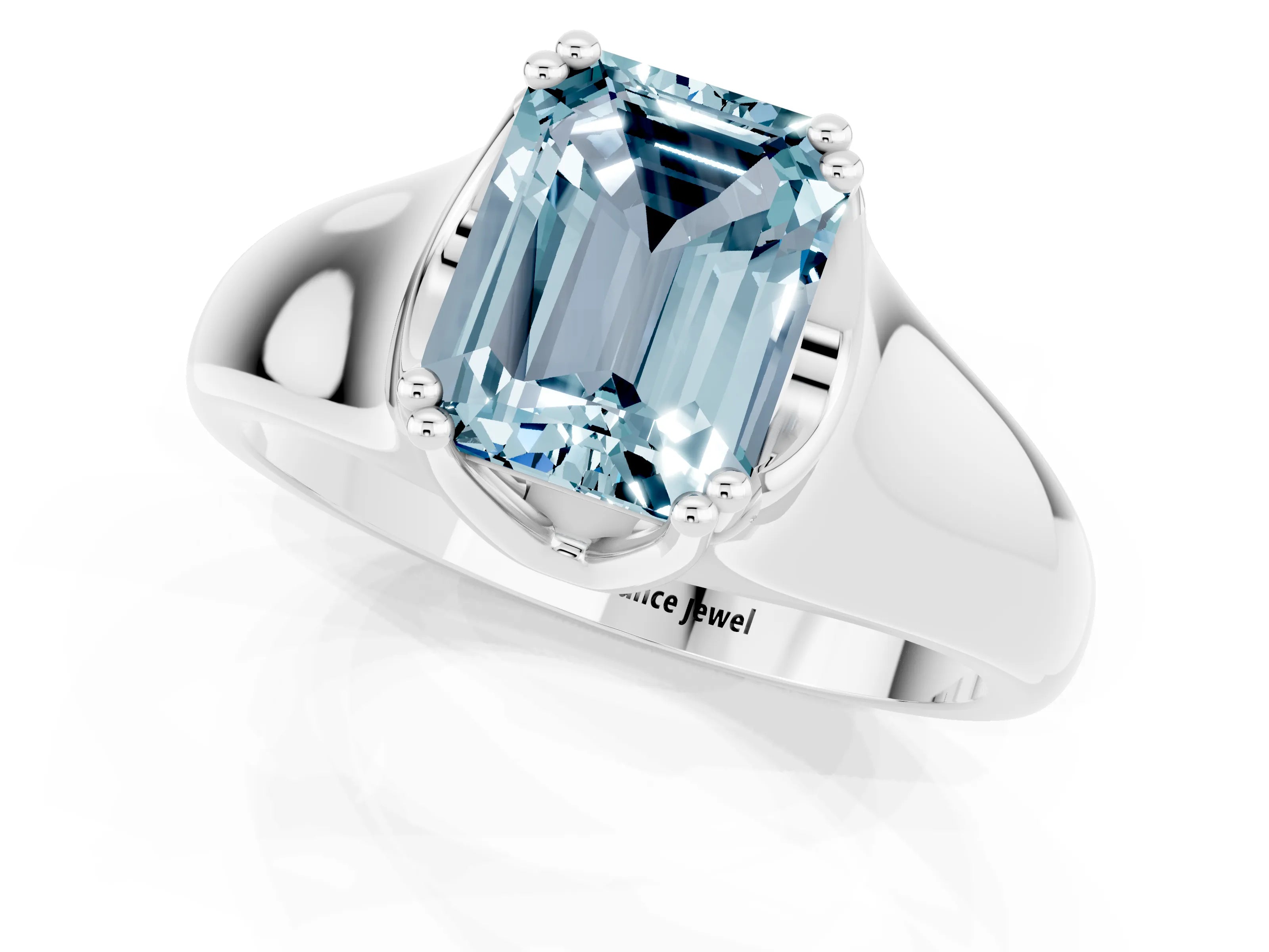 White gold Emerald Cut Aquamarine Solitaire Ring with Wide Band and Prong Setting_1