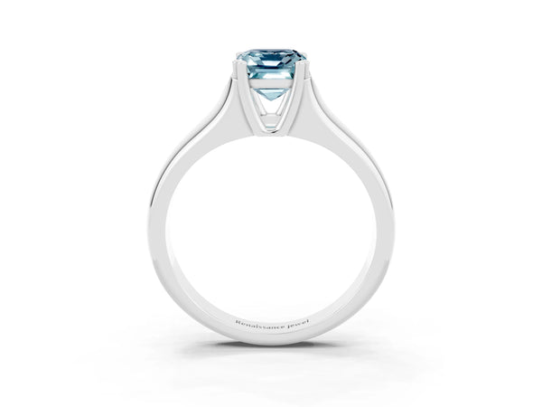 Silver Emerald Cut Aquamarine Solitaire Ring with Wide Band and Prong Setting