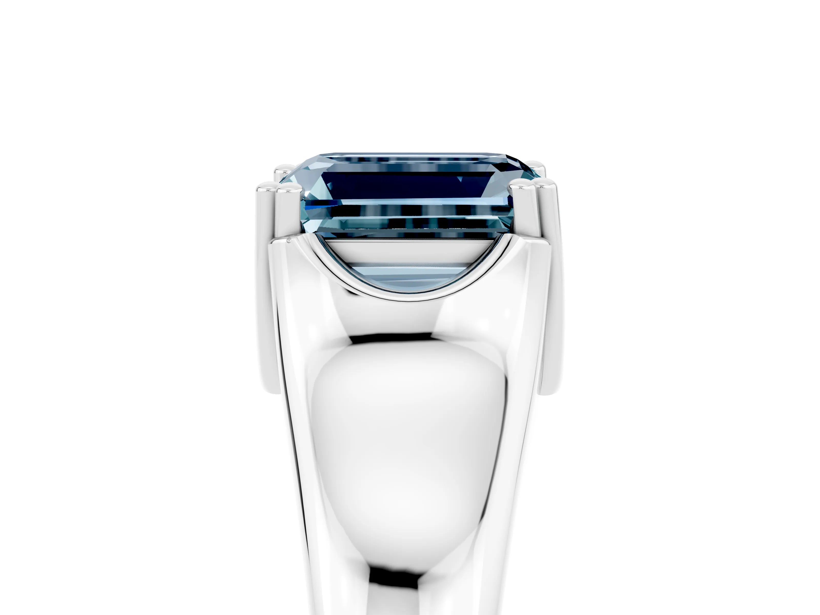 White gold Emerald Cut Aquamarine Solitaire Ring with Wide Band and Prong Setting_5