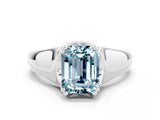 White gold Emerald Cut Aquamarine Solitaire Ring with Wide Band and Prong Setting
