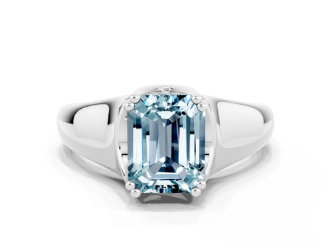 White gold Emerald Cut Aquamarine Solitaire Ring with Wide Band and Prong Setting