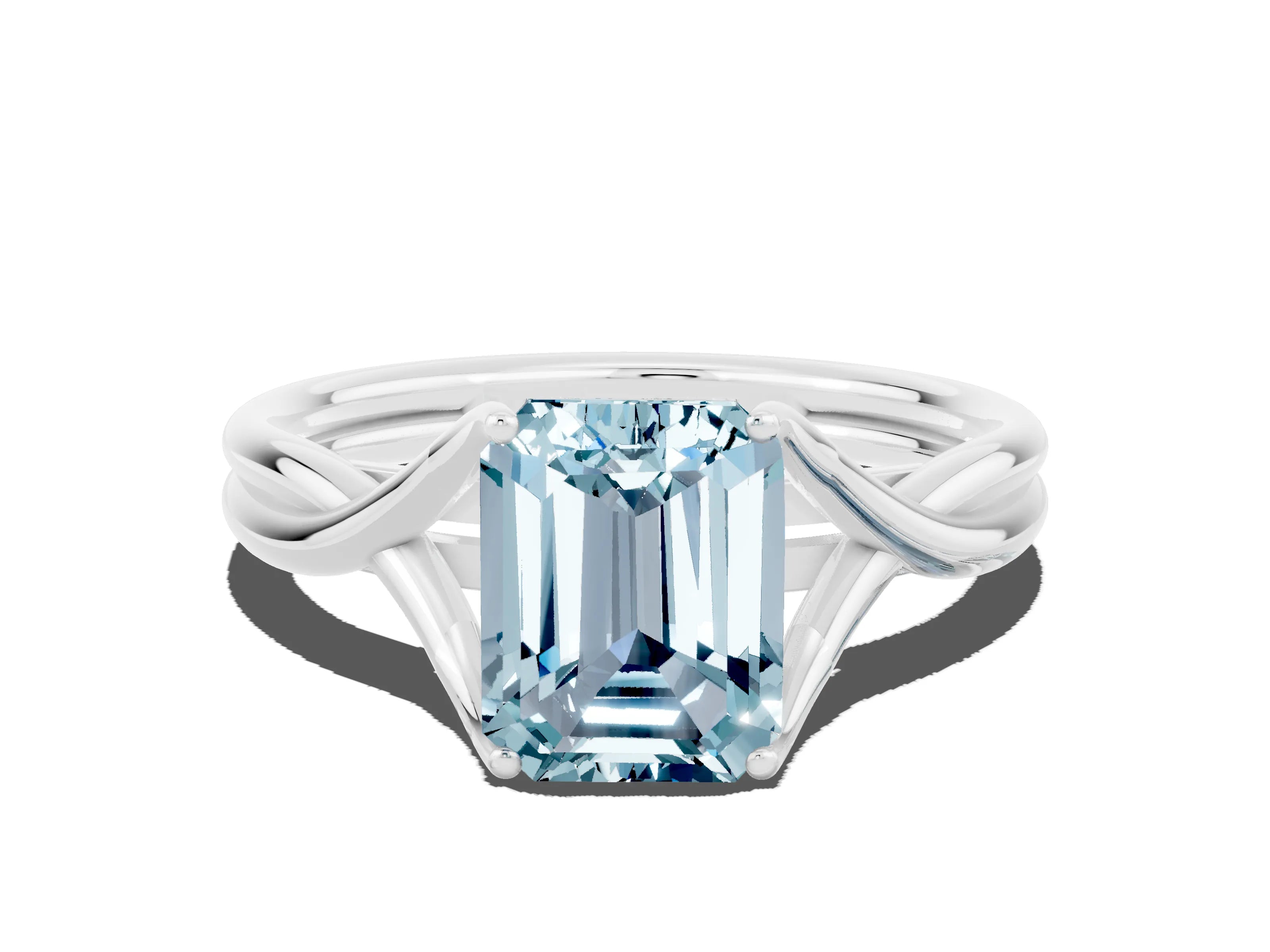 White gold Emerald Cut Aquamarine Solitaire Twist Band Prong Setting Ring_32