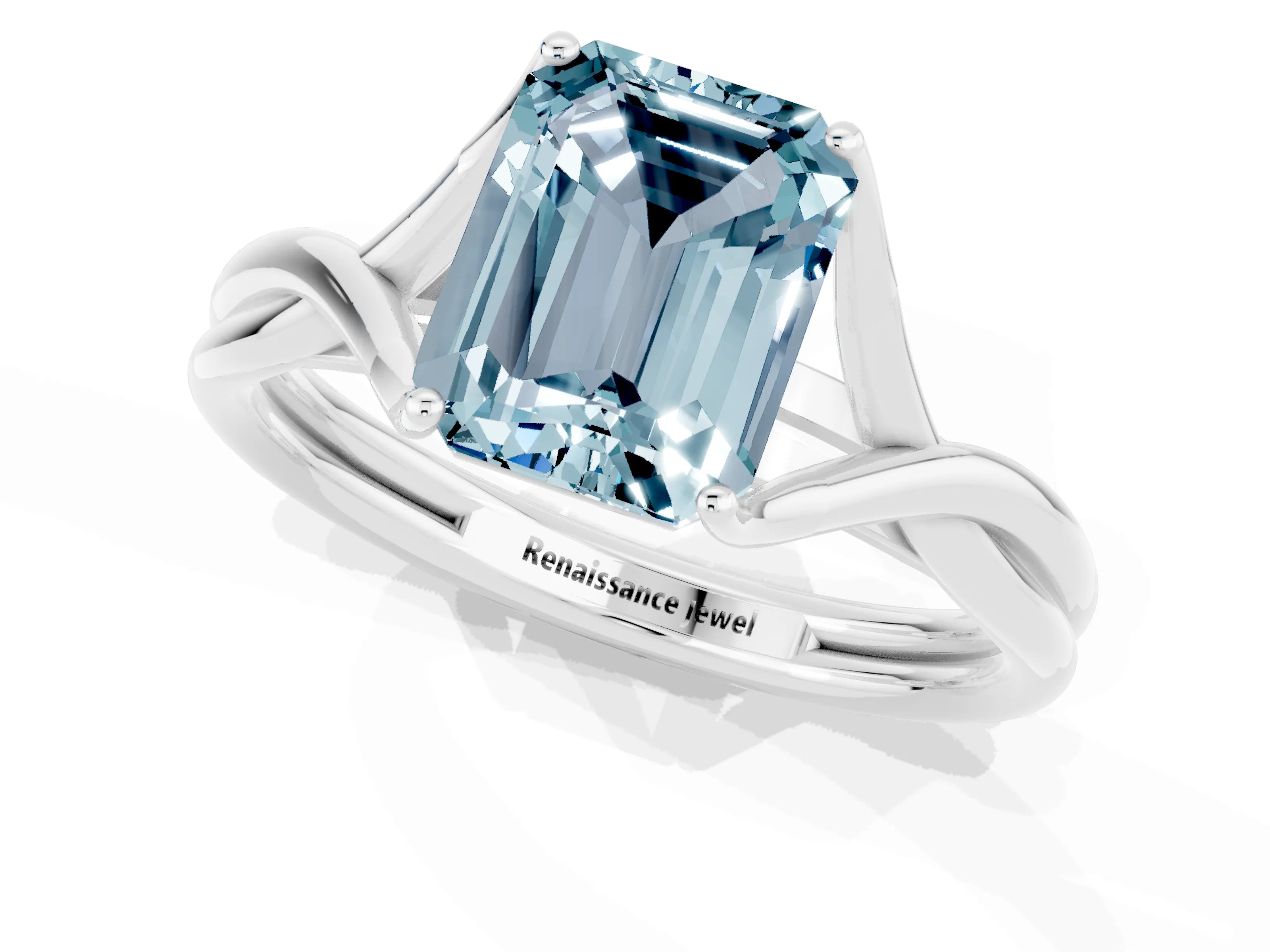 White gold Emerald Cut Aquamarine Solitaire Twist Band Prong Setting Ring_33