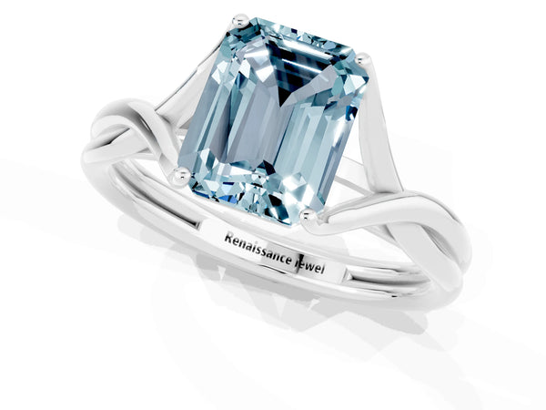 Silver Emerald Cut Aquamarine Solitaire Twist Band Prong Setting Ring