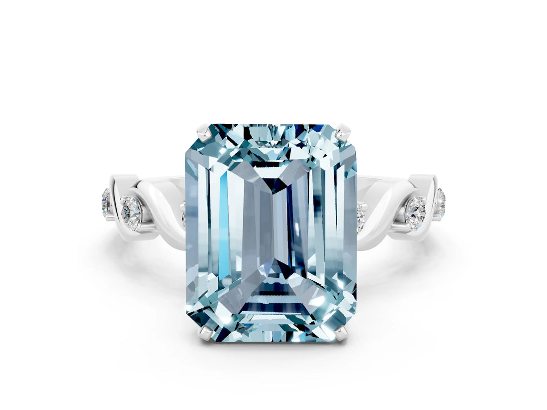 White gold Emerald Cut Aquamarine Solitaire Twisted Band with Round  Accents and Prong Setting_12
