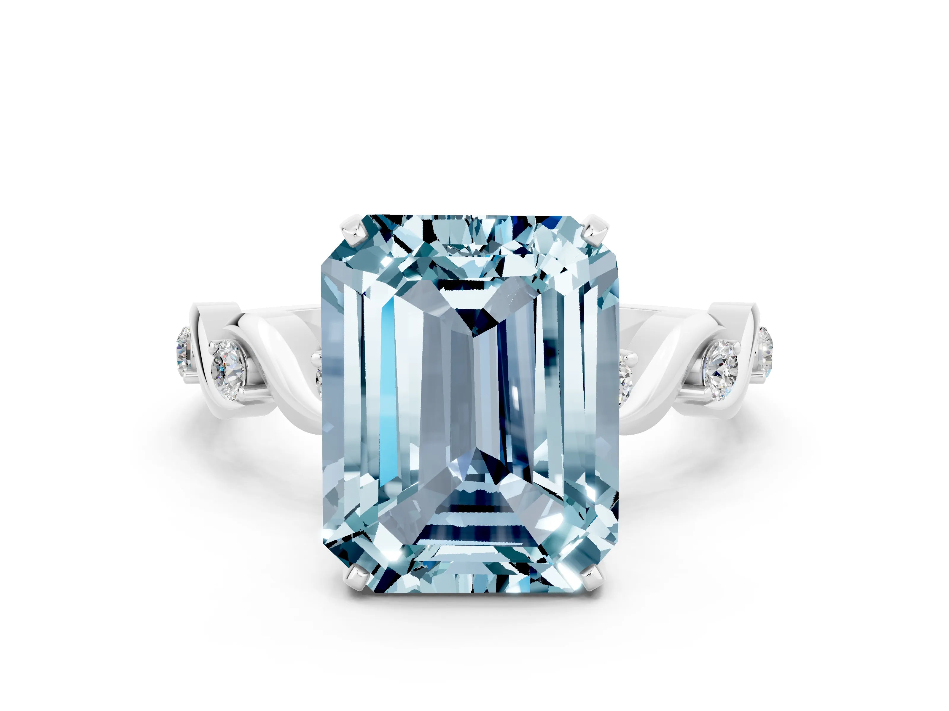 White gold Emerald Cut Aquamarine Solitaire Twisted Band with Round  Accents and Prong Setting_12