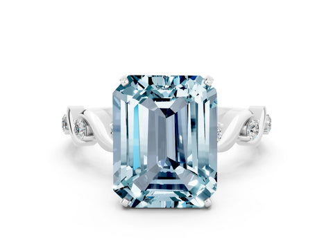 White gold Emerald Cut Aquamarine Solitaire Twisted Band with Round  Accents and Prong Setting_12
