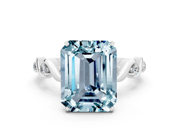 White gold Emerald Cut Aquamarine Solitaire Twisted Band with Round  Accents and Prong Setting