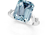 White gold Emerald Cut Aquamarine Solitaire Twisted Band with Round  Accents and Prong Setting_13
