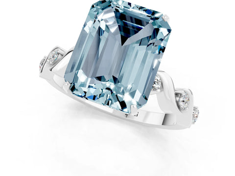 White gold Emerald Cut Aquamarine Solitaire Twisted Band with Round  Accents and Prong Setting_13