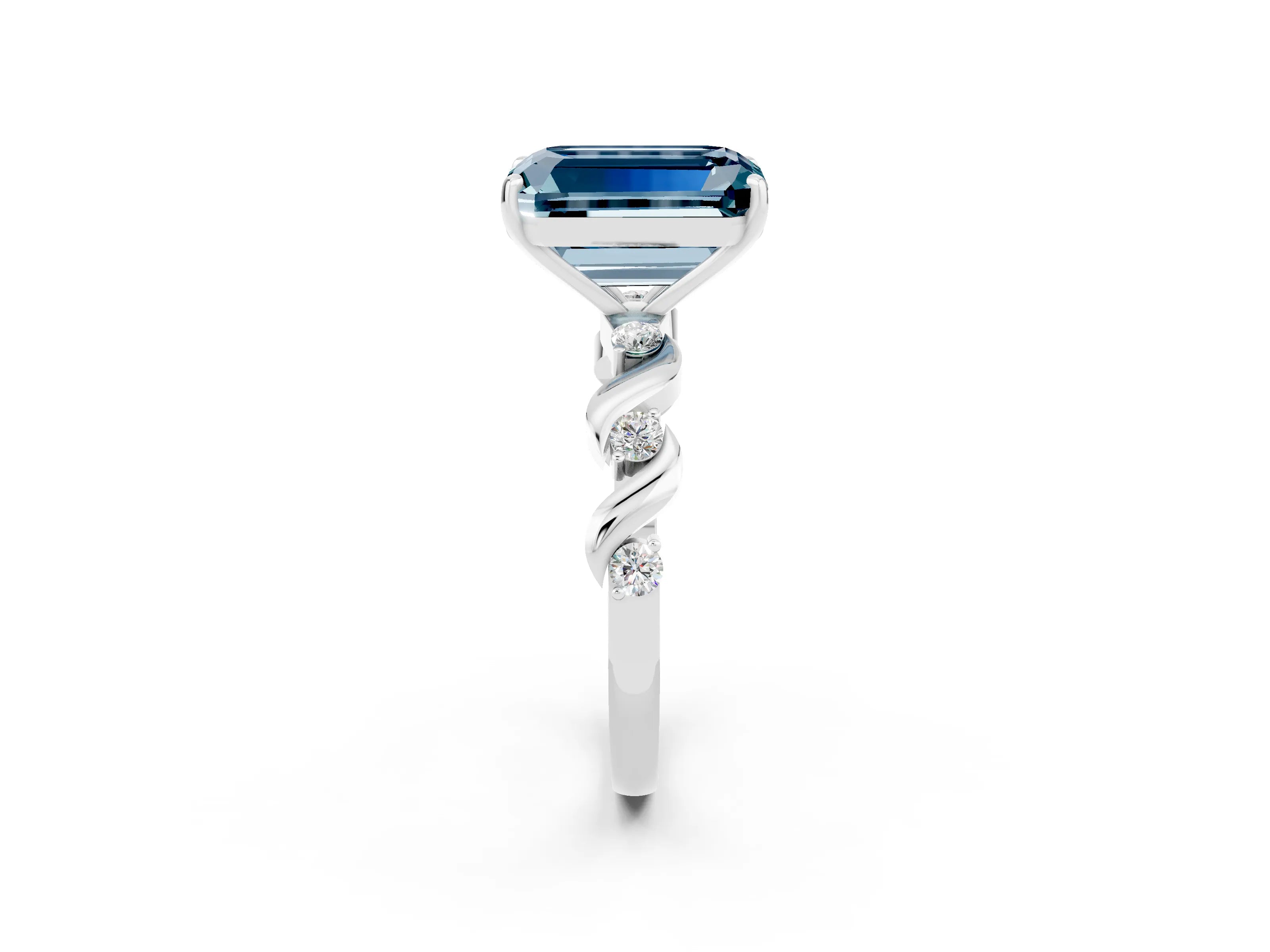 White gold Emerald Cut Aquamarine Solitaire Twisted Band with Round  Accents and Prong Setting_14