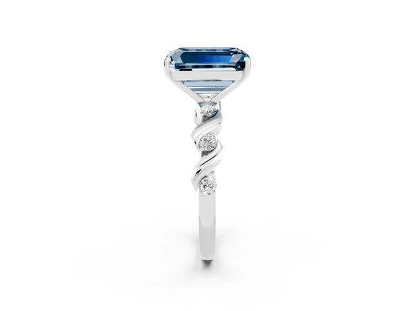 White gold Emerald Cut Aquamarine Solitaire Twisted Band with Round  Accents and Prong Setting