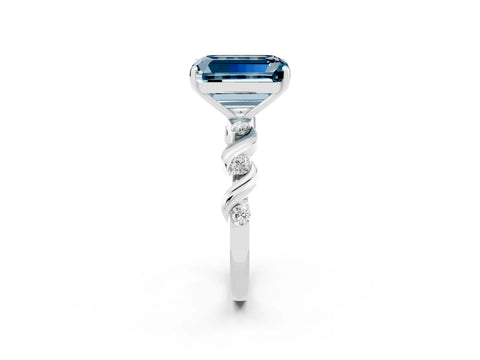 White gold Emerald Cut Aquamarine Solitaire Twisted Band with Round  Accents and Prong Setting_14
