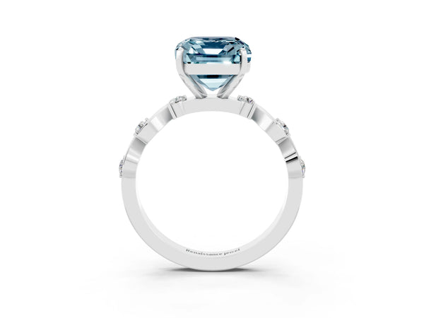 Platinum Emerald Cut Aquamarine Solitaire Twisted Band with Round  Accents and Prong Setting