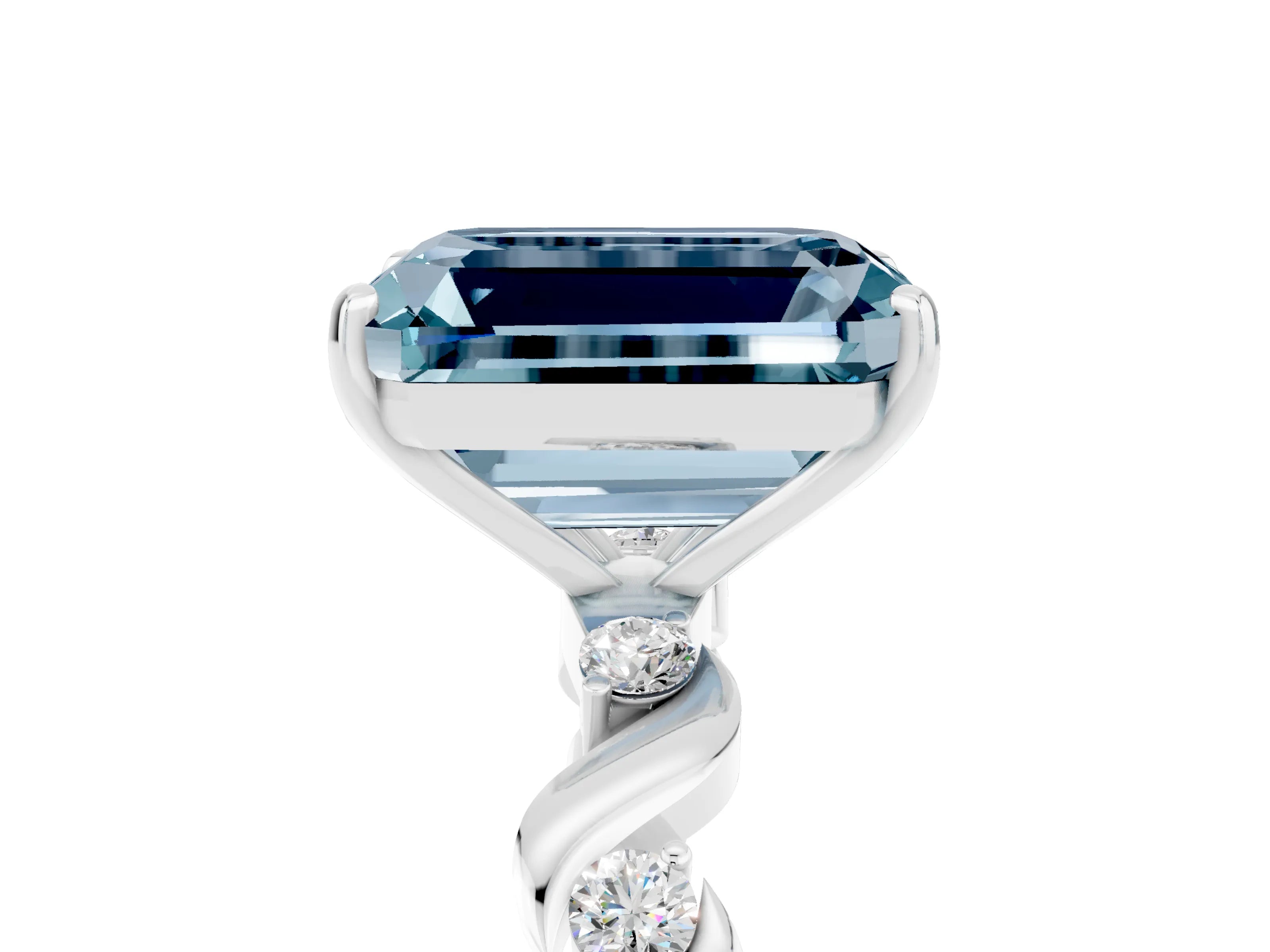 White gold Emerald Cut Aquamarine Solitaire Twisted Band with Round  Accents and Prong Setting_17
