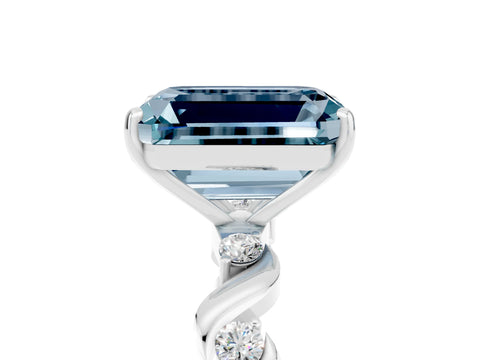 White gold Emerald Cut Aquamarine Solitaire Twisted Band with Round  Accents and Prong Setting_17