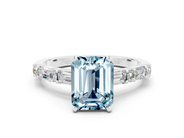 Platinum Emerald Cut Aquamarine Solitaire with Side Baguettes and Channel Set Band