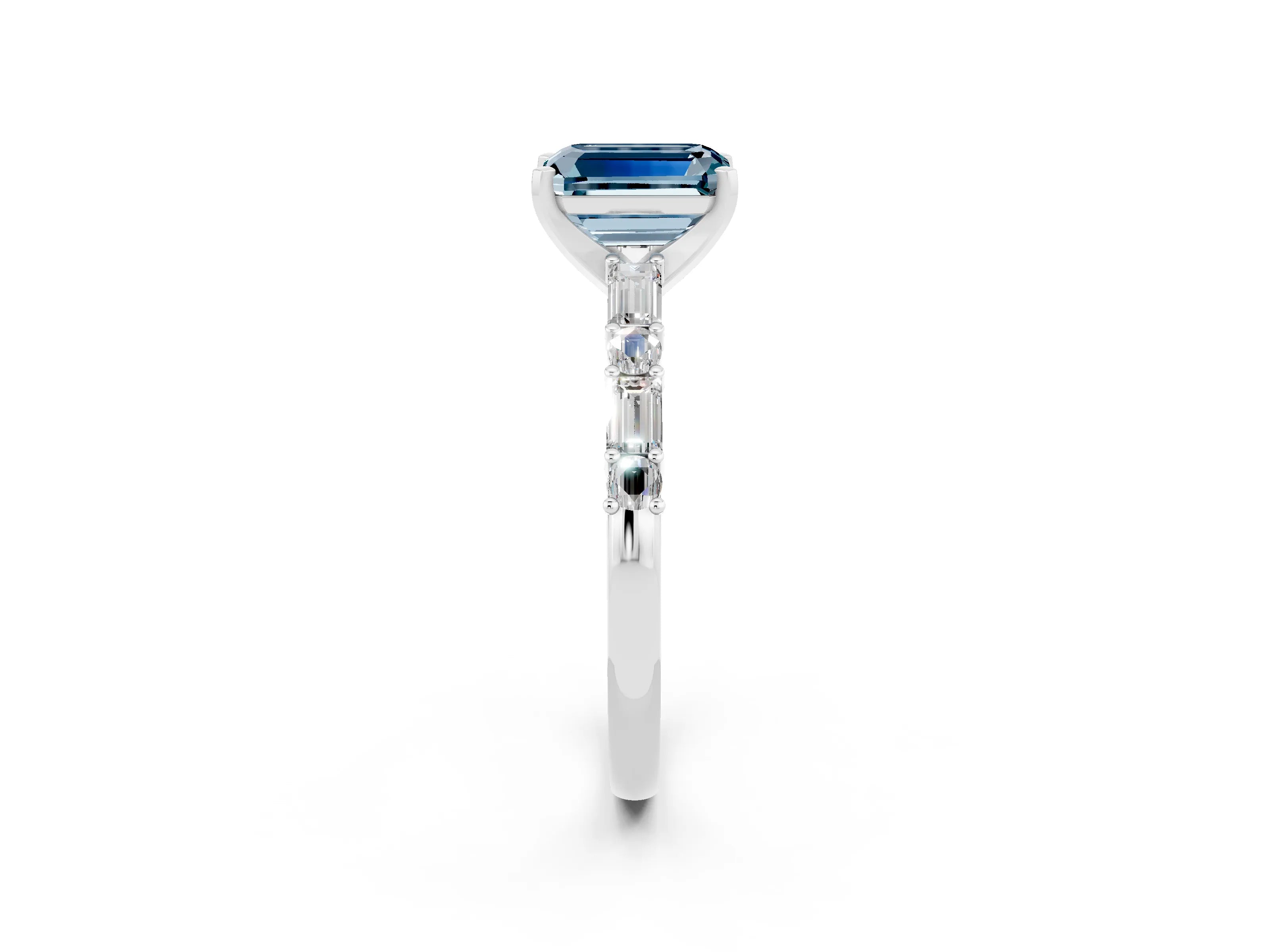 White gold Emerald Cut Aquamarine Solitaire with Side Baguettes and Channel Set Band_2