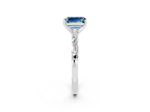 White gold Emerald Cut Aquamarine Solitaire with Side Baguettes and Channel Set Band_2