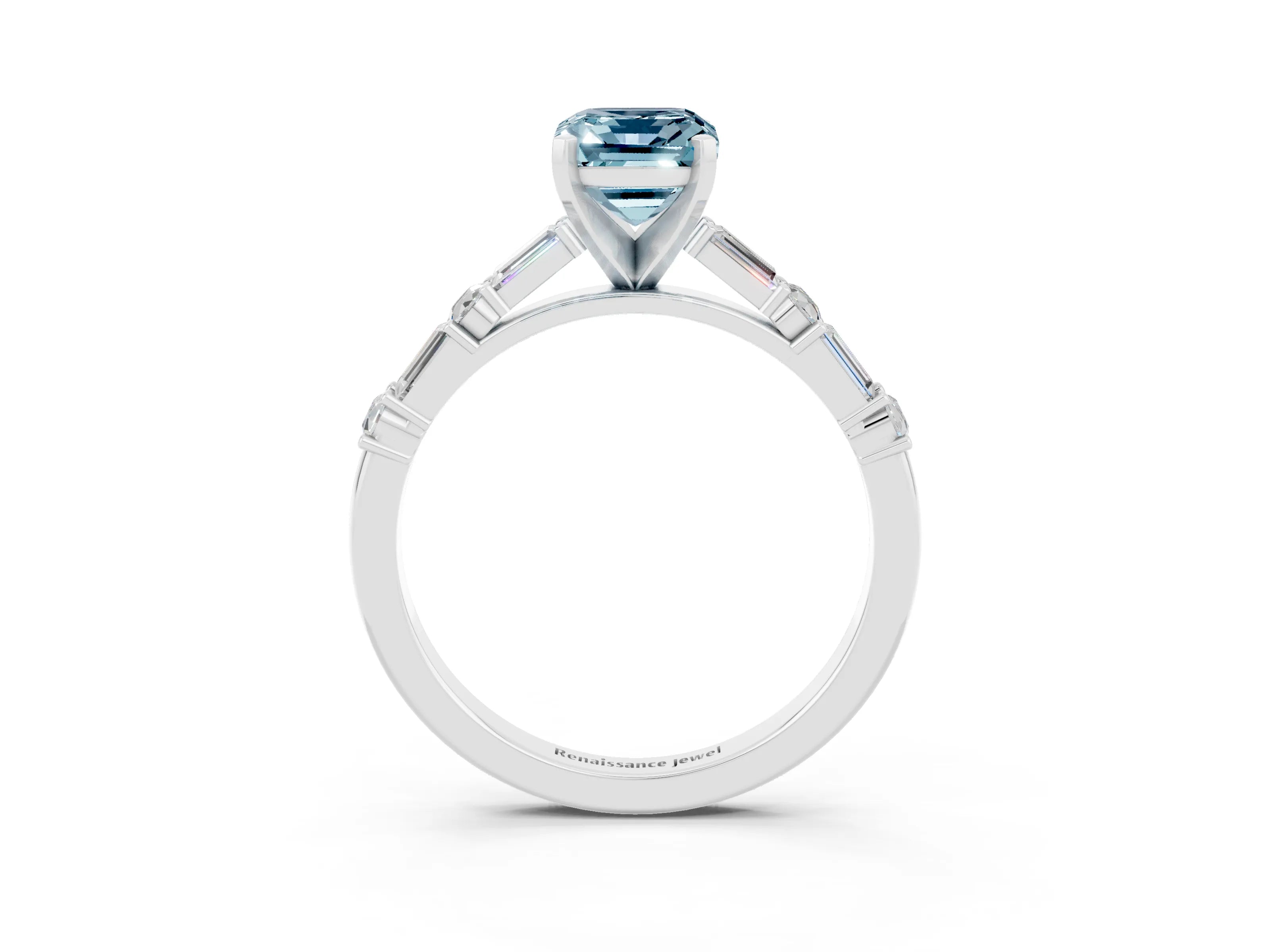 White gold Emerald Cut Aquamarine Solitaire with Side Baguettes and Channel Set Band_3