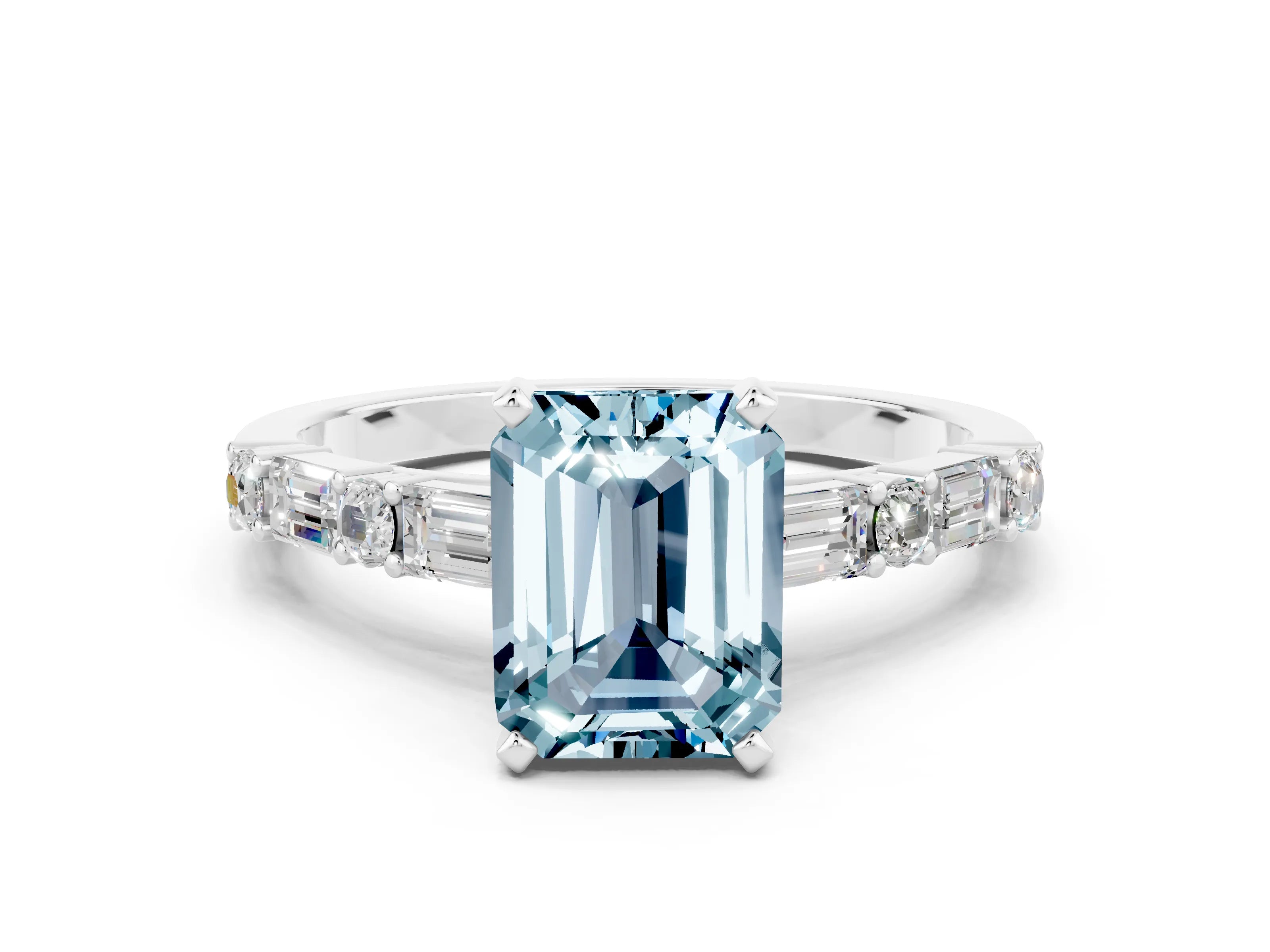 White gold Emerald Cut Aquamarine Solitaire with Side Baguettes and Channel Set Band