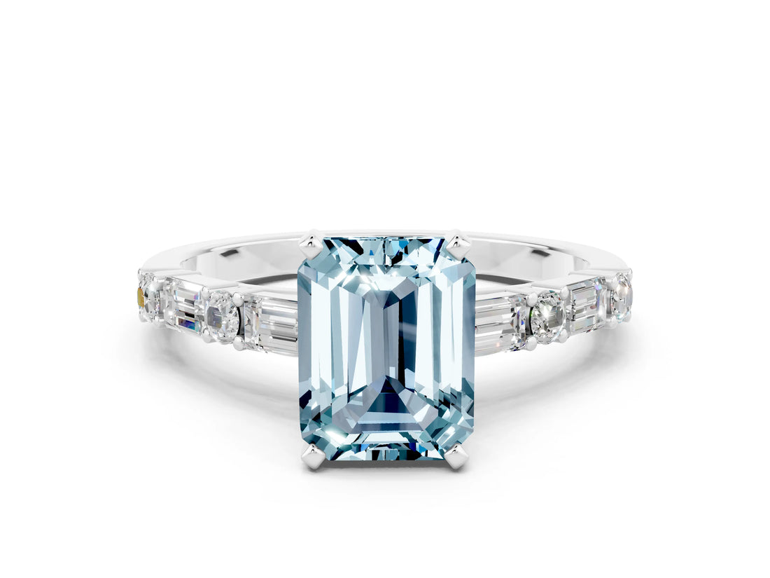 White gold Emerald Cut Aquamarine Solitaire with Side Baguettes and Channel Set Band