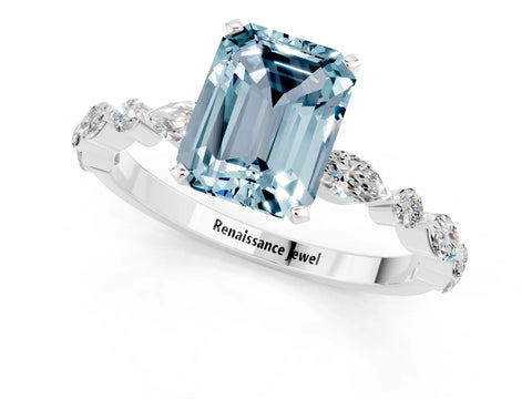 White gold Emerald Cut Aquamarine Solitaire with Side Stones on a Pavé Band and Four-Prong Setting_1