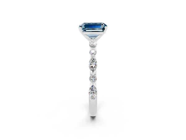 Platinum Emerald Cut Aquamarine Ring with Marquise and Round  Side Stones and Four-Prong Setting