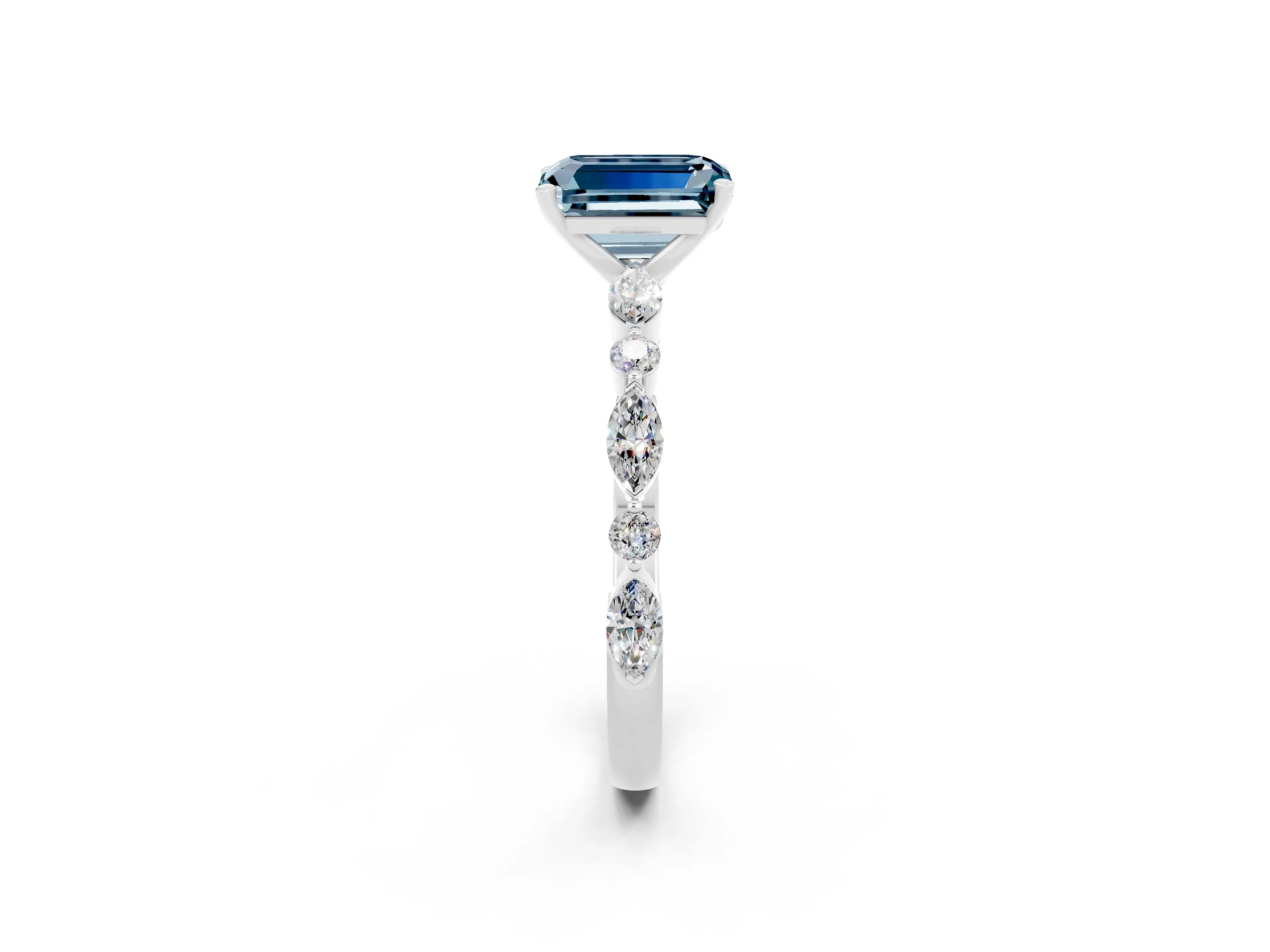White gold Emerald Cut Aquamarine Solitaire with Side Stones on a Pavé Band and Four-Prong Setting_2