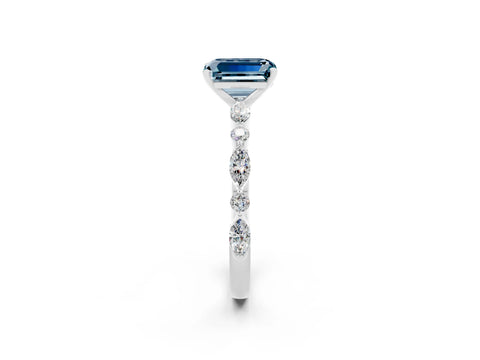 White gold Emerald Cut Aquamarine Solitaire with Side Stones on a Pavé Band and Four-Prong Setting_2
