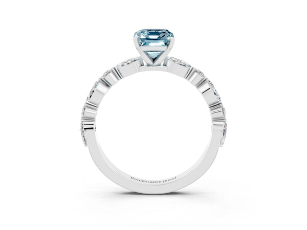 Platinum Emerald Cut Aquamarine Ring with Marquise and Round  Side Stones and Four-Prong Setting