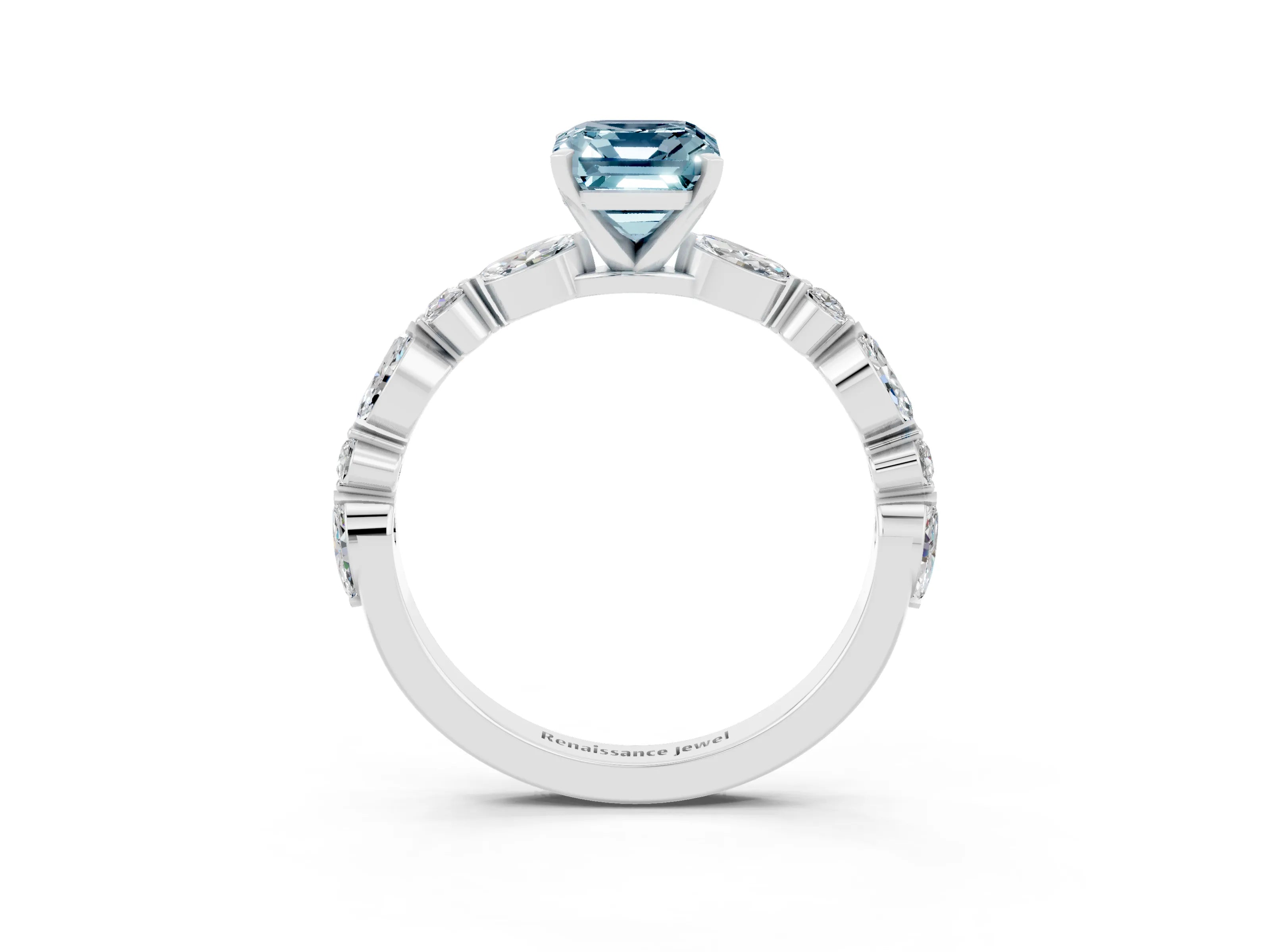 White gold Emerald Cut Aquamarine Solitaire with Side Stones on a Pavé Band and Four-Prong Setting_3