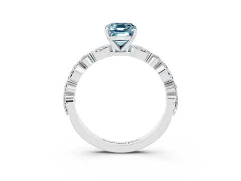 White gold Emerald Cut Aquamarine Solitaire with Side Stones on a Pavé Band and Four-Prong Setting_3