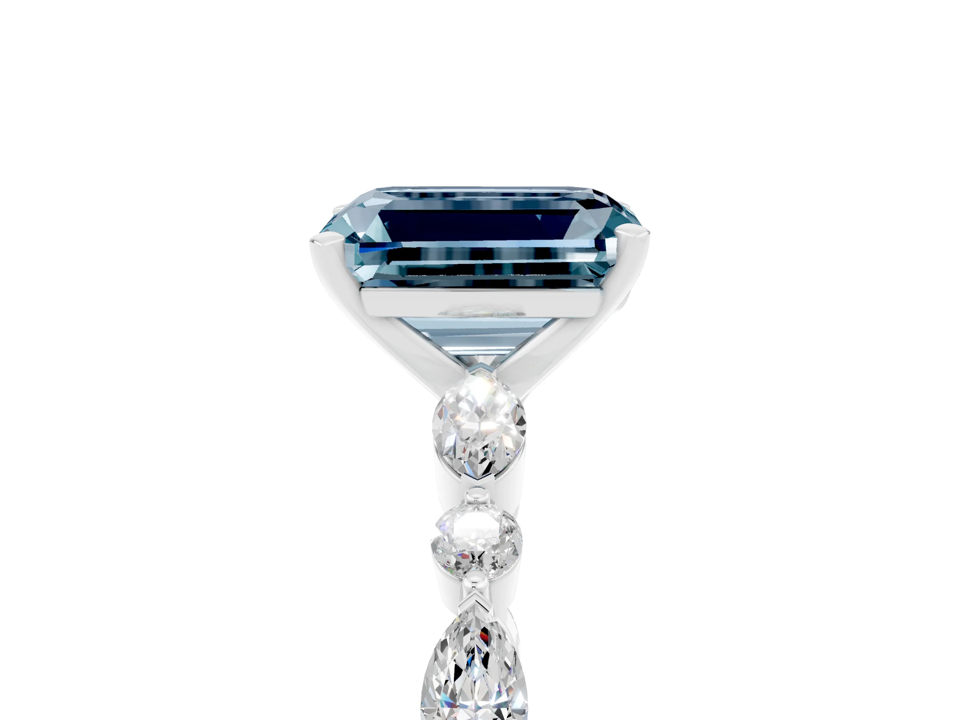 White gold Emerald Cut Aquamarine Solitaire with Side Stones on a Pavé Band and Four-Prong Setting_5