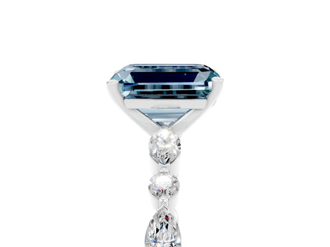 White gold Emerald Cut Aquamarine Solitaire with Side Stones on a Pavé Band and Four-Prong Setting_5